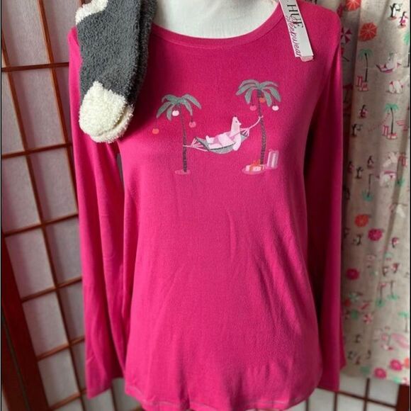 HUE Women's Medium Printed Knit Tee and Pant 3 Piece Pajama Set - Picture 2 of 8